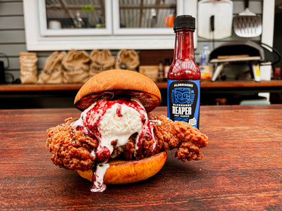 Buttermilk Fried chicken Sandwich w' Vanilla Ice Cream and Blueberry Reaper Sauce